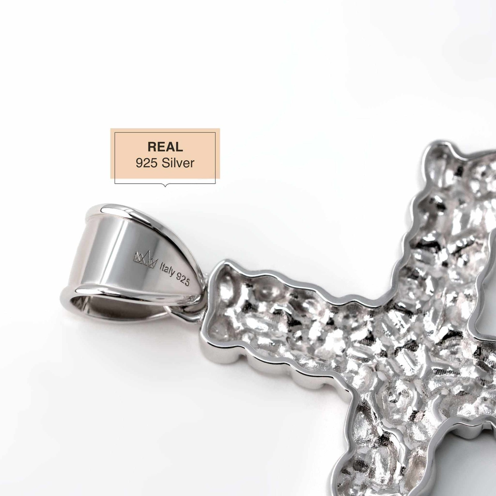 Mens Real Solid 925 Sterling Silver Nugget Cross Pendant Crucifix Necklace