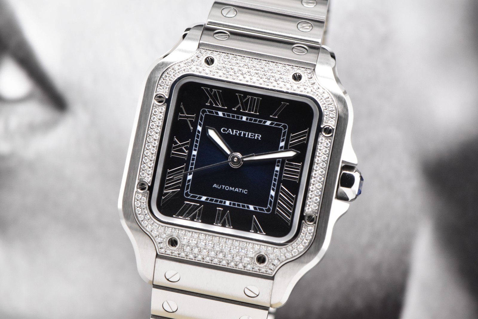 2024 Cartier Santos Medium Factory Diamond Bezel Blue Dial W4SA0006 4075 FS