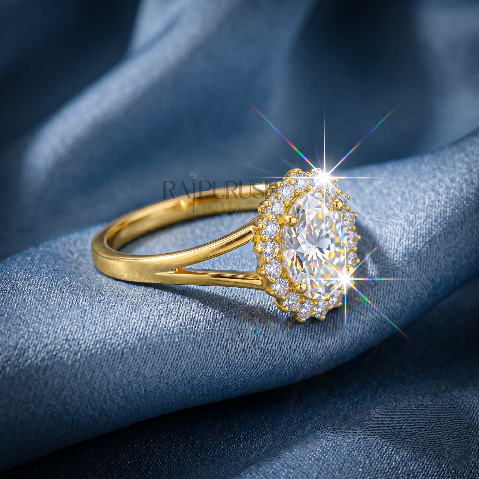 2CT Oval Cut Moissanite Engagement Ring 14k Yellow Gold Plated 925 Silver Halo
