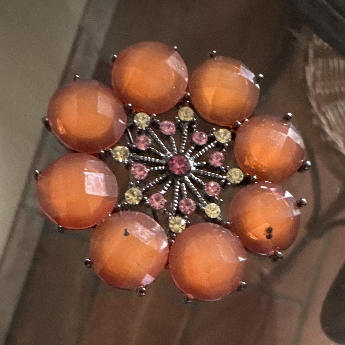 Orange Glass & Pink Rhinestone Flower Brooch Pin, Prong Set vintage