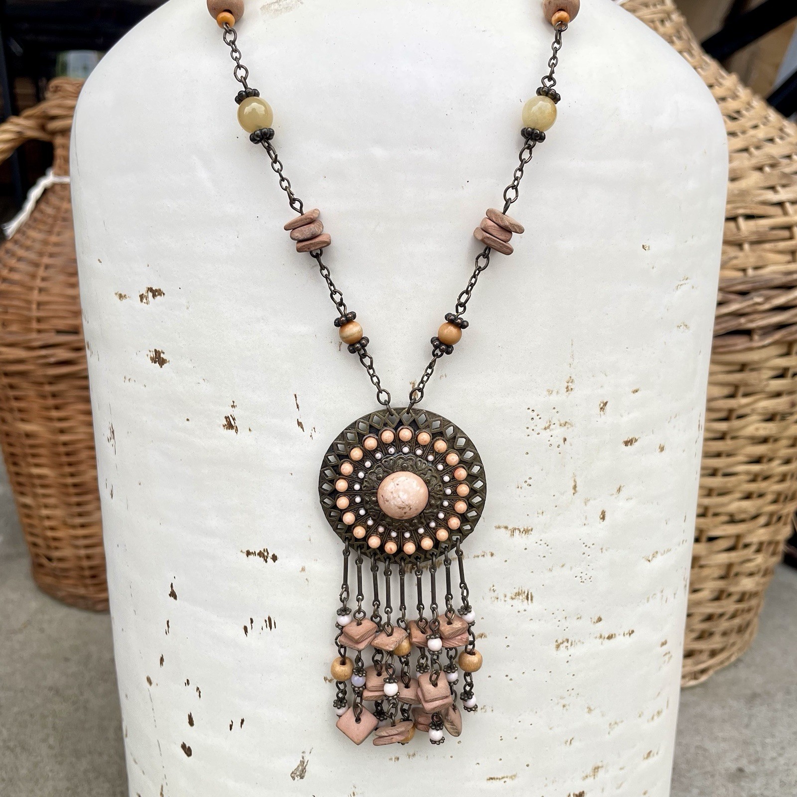 VTG VCLM Signed Boho Statement Medallion Necklace Peach Wood Bead Fringe Fringe