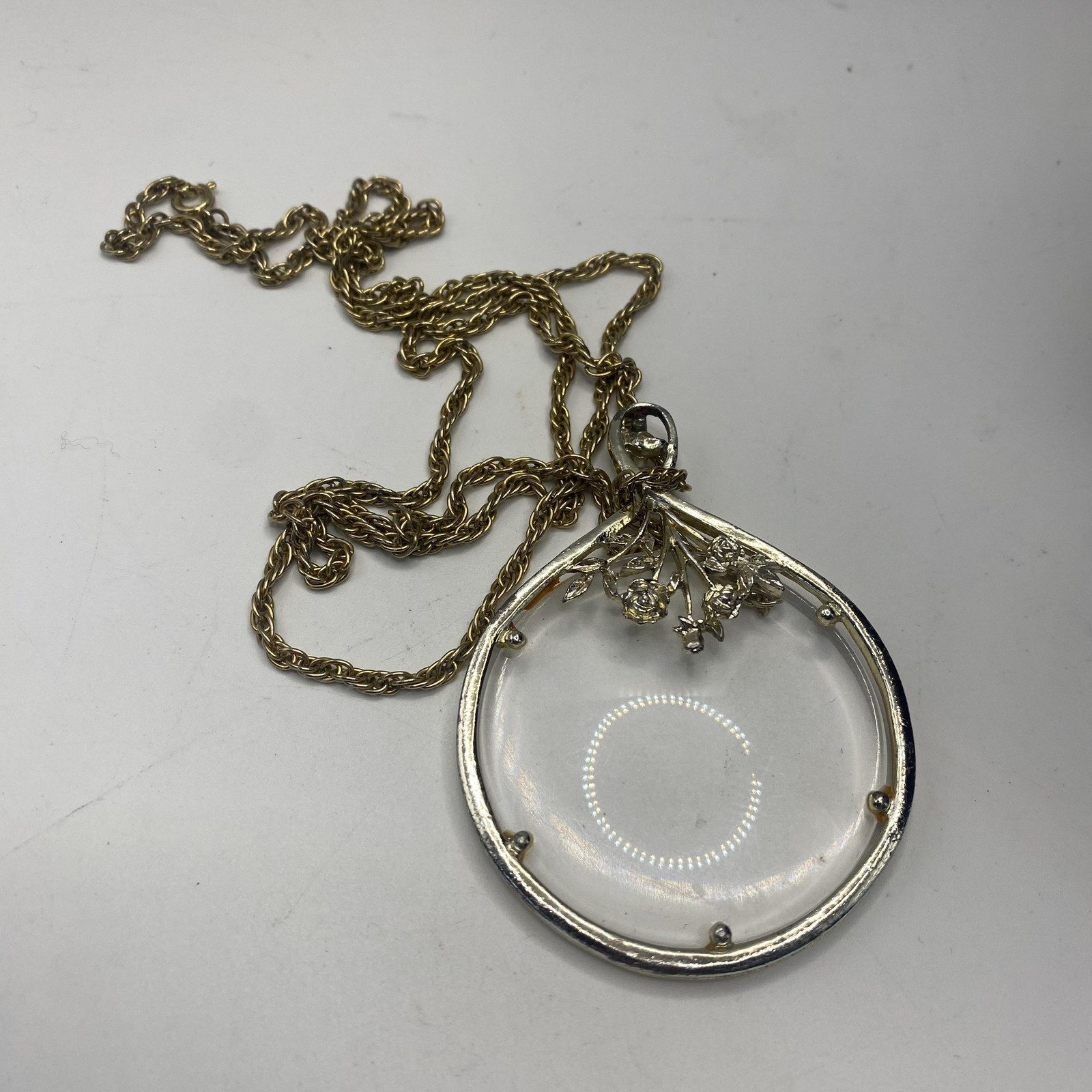 Gold Tone Chain Necklace Clear Glass Teardrop Flower Pendant 32 In Jewelry
