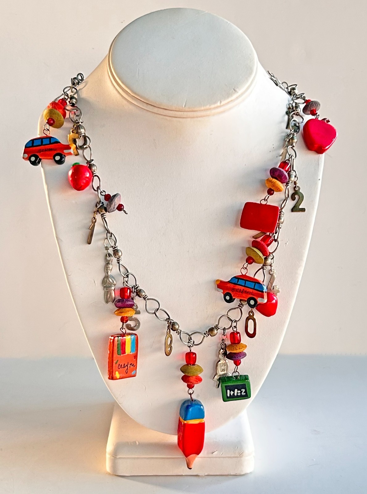 Kitchy School Teacher Themed Charm Necklace Buses Pencils Books Numbers 31″ J10