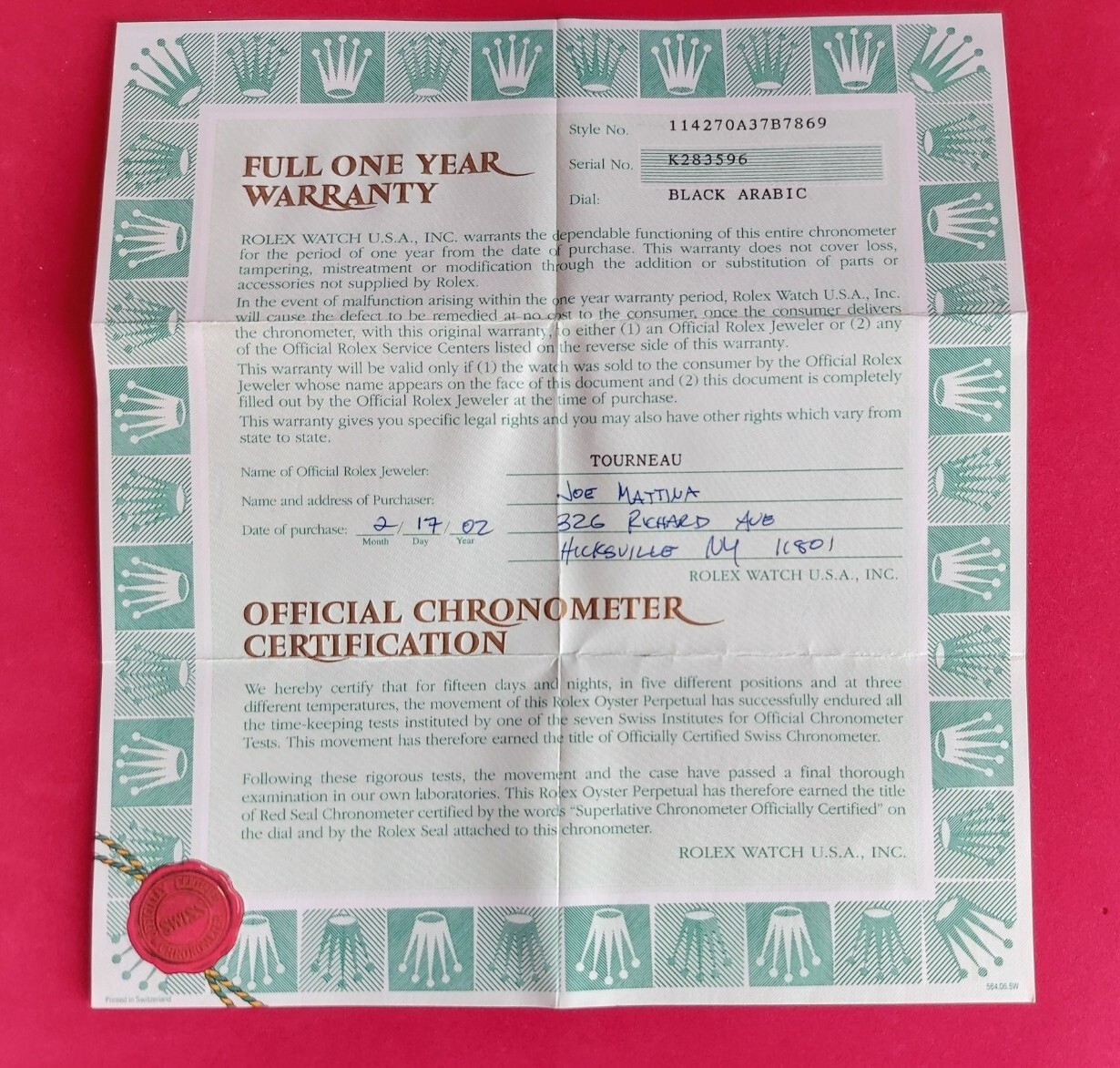ROLEX 114270 Explorer Warranty Certificate Guarantee K Serial 2000s 2002