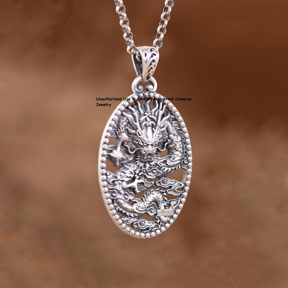 Pure S999 Fine Silver 999 Men Women Lucky Cloud Dragon Pendant 25-26g 56*31mm