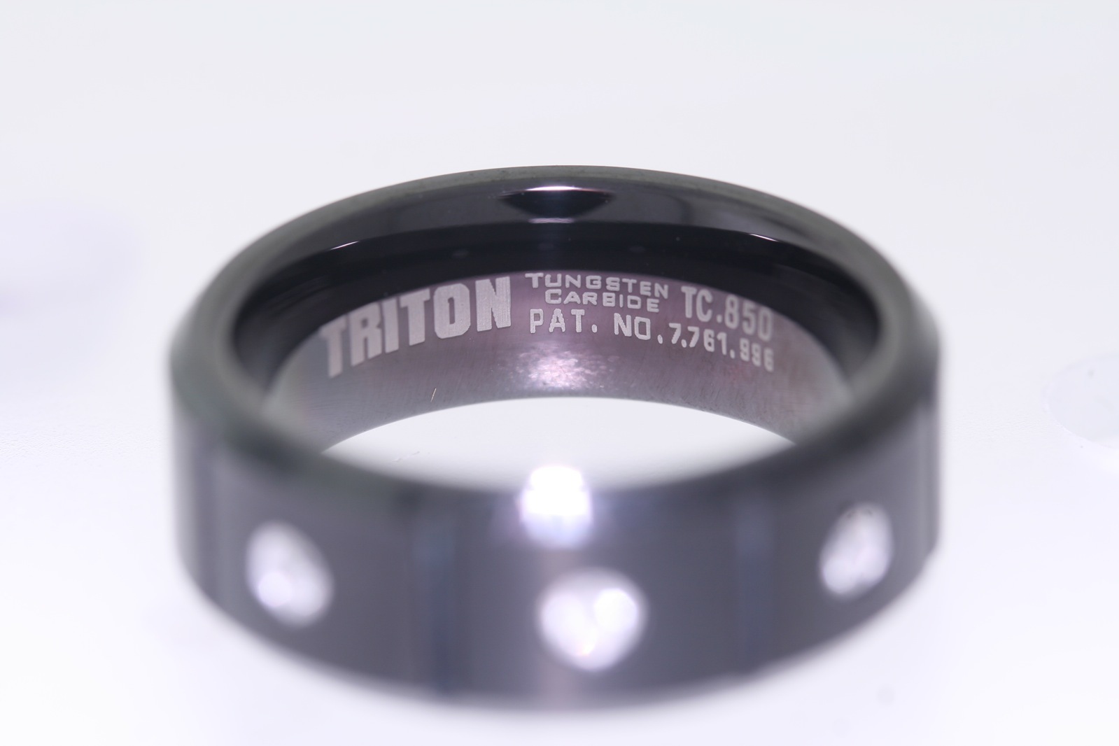 Triton 8mm Black Tungsten .12ctw 3 Diamond Accent Vertical Grooved Band Ring