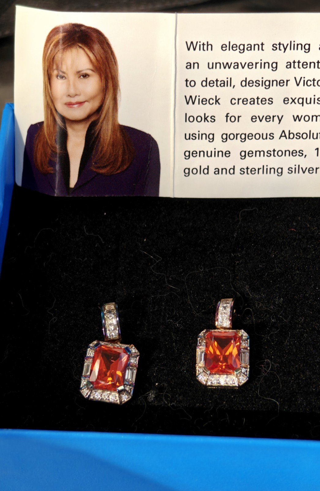 Victoria Wieck Padparadscha Sapphire Earrings rare & emerald-cut orange gemstone