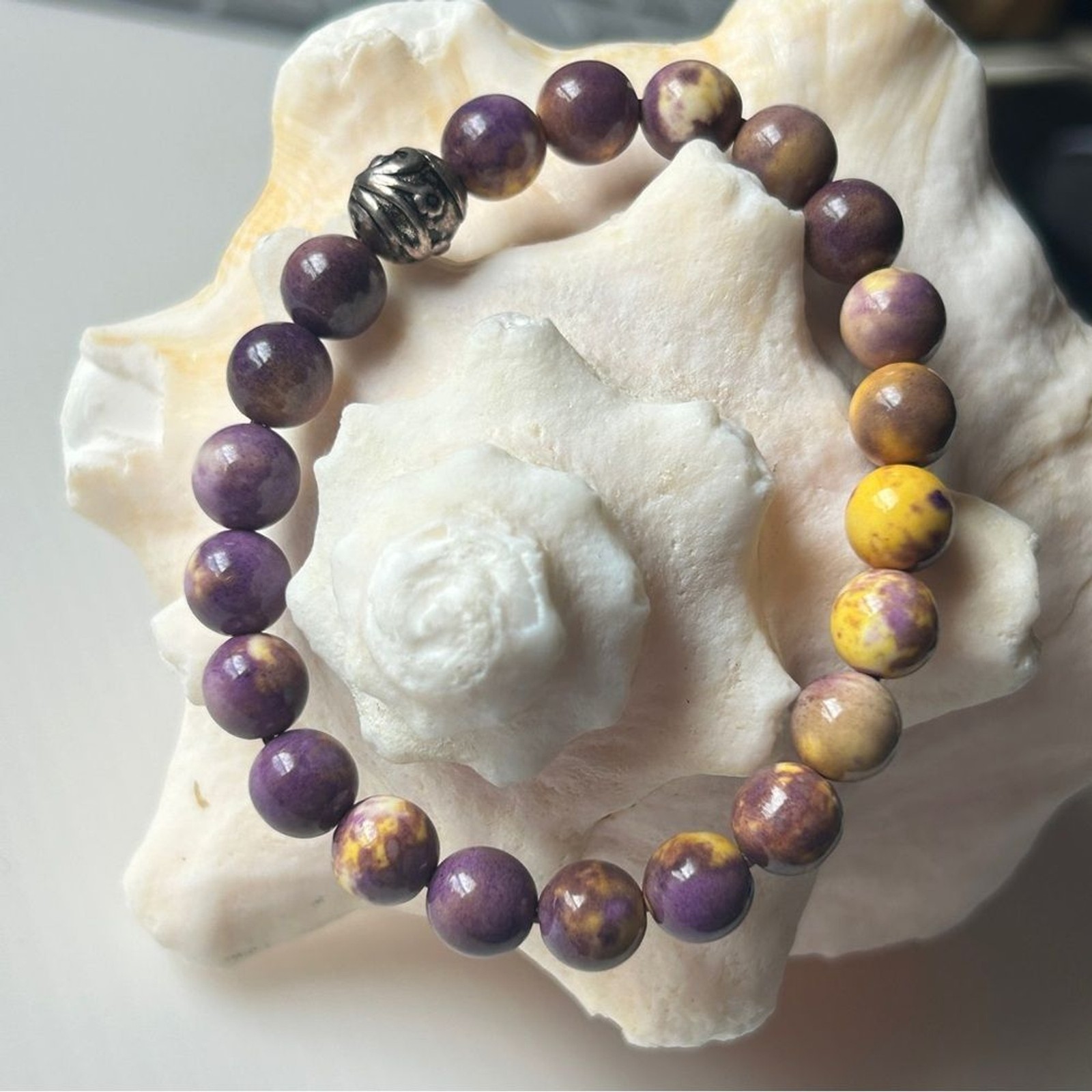 Purple and Yellow mixed color jade Beaded Bracelet 8mm fits 15-17cm wrist