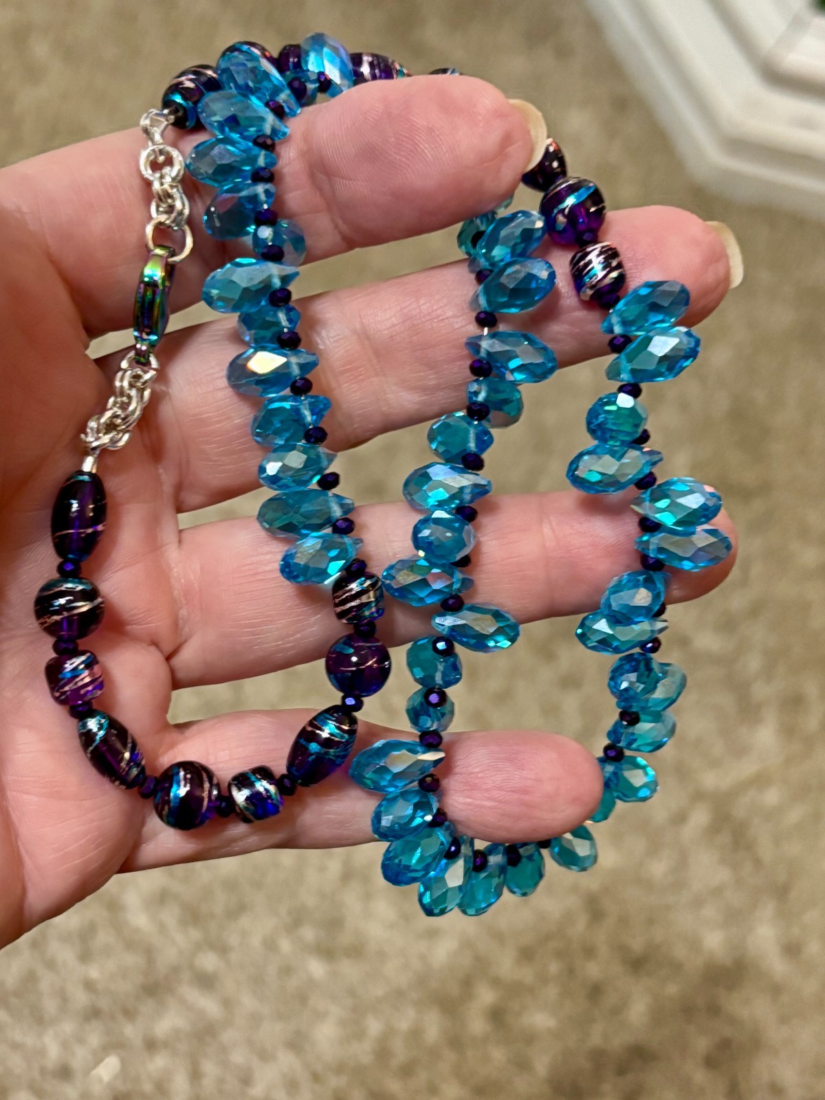 Unique Hand Crafted Blue Faceted Crystals w/Purples/Silver 18″ w/Rainbow Clasp