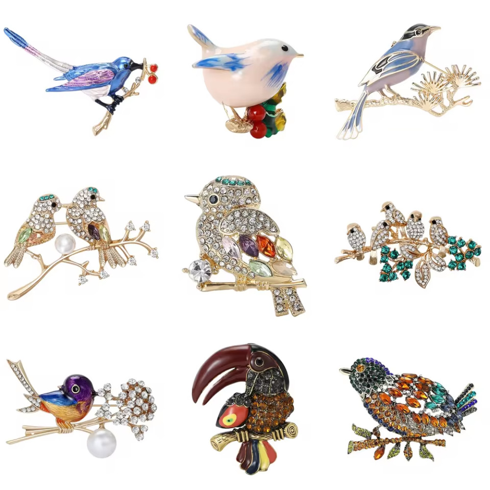 Blue Enamel Bird Brooch Branch Pin Gold Tone Rhinestone Nature Jewelry Gift