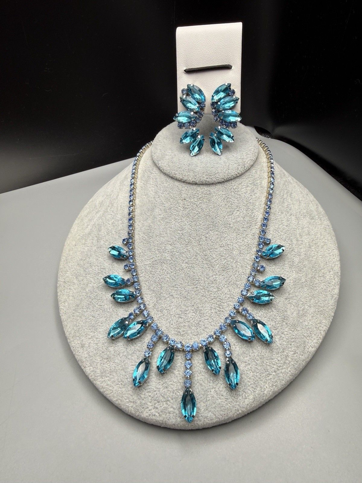 Necklace & Clip On Earrings Set Aqua Blue Rhinestone Fringe Style VTG 17” 50-60s