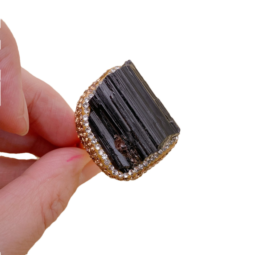 Natural Black Tourmaline Rough Raw Golden Crystal Pave Finger Ring Adjustable