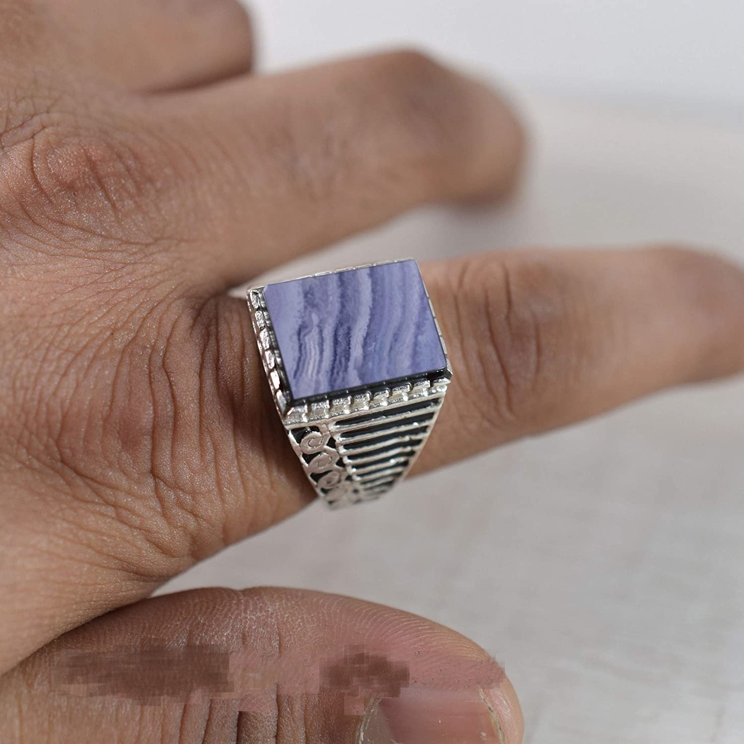 Solid 925 Sterling Silver Natural Blue Lace Agate Gemstone Men’s Unisex Ring
