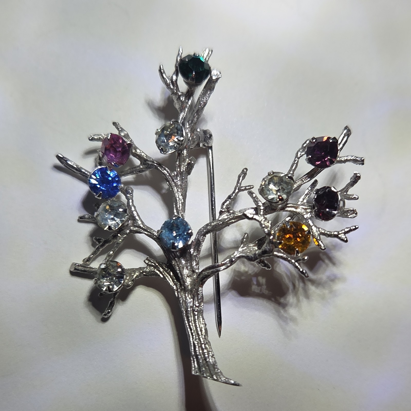 Vintage Sterling Silver Tree of Life Brooch Multicolor Rhinestone Pin