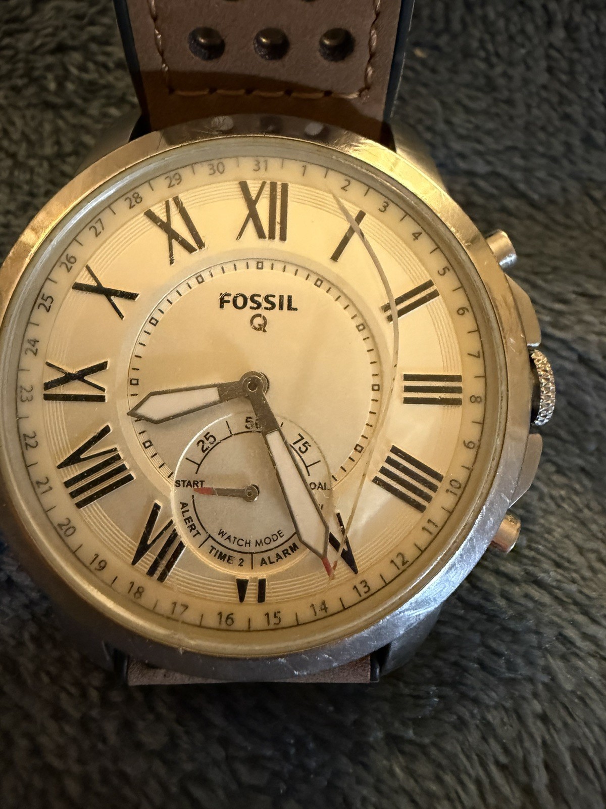 Fossil Q Grant Hybrid Smartwatch Mens Stainless Steel Leather Cream NDW2N. As is