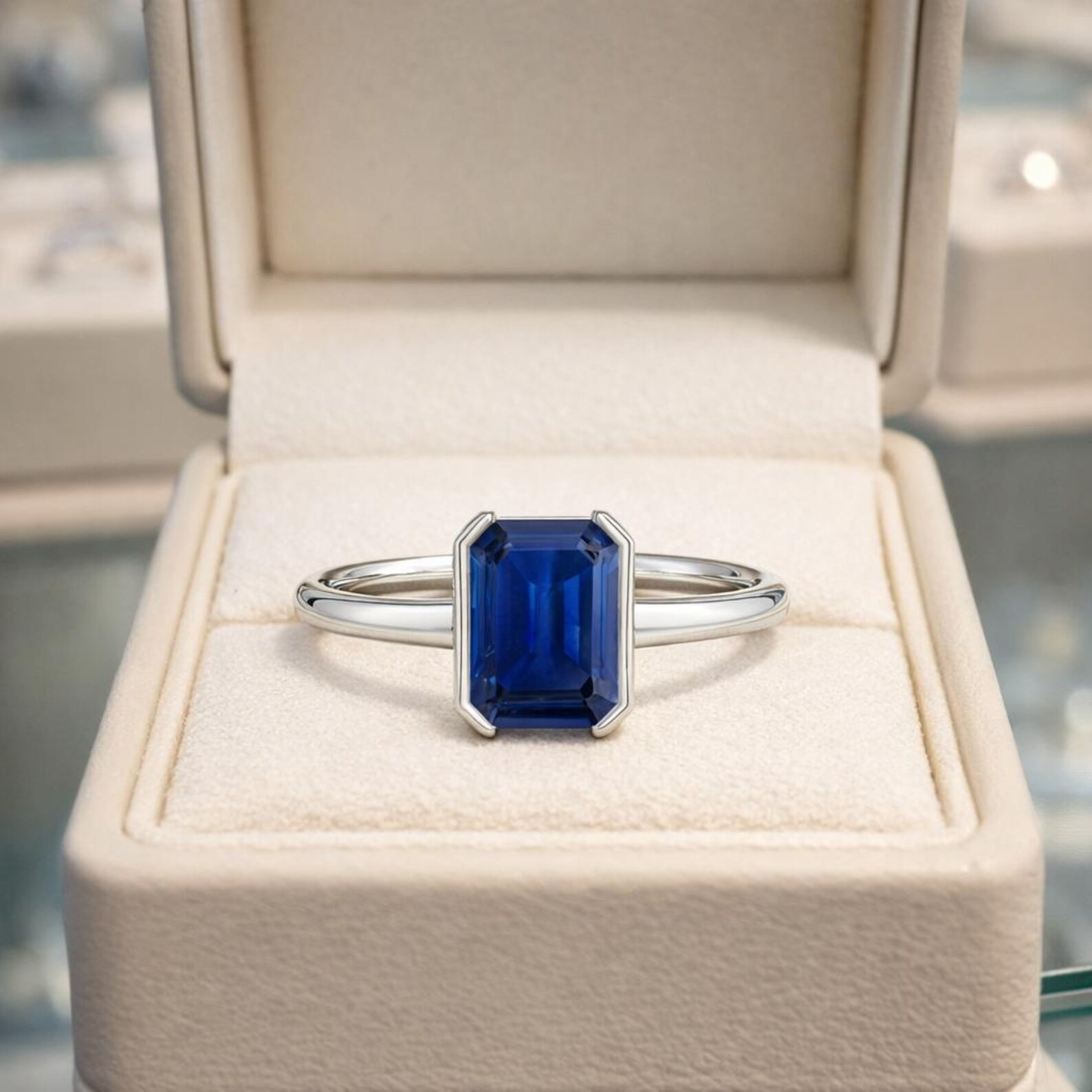 2 Ct Natural Blue Sapphire Ring Emerald Cut Solid 14K White Gold Fine Jewelry