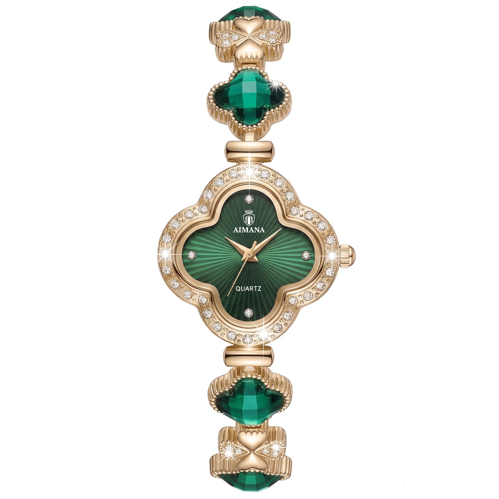 VORSEL Luxury Gold Bracelet Watch for Women Quatrefoil-Shaped Green Dial