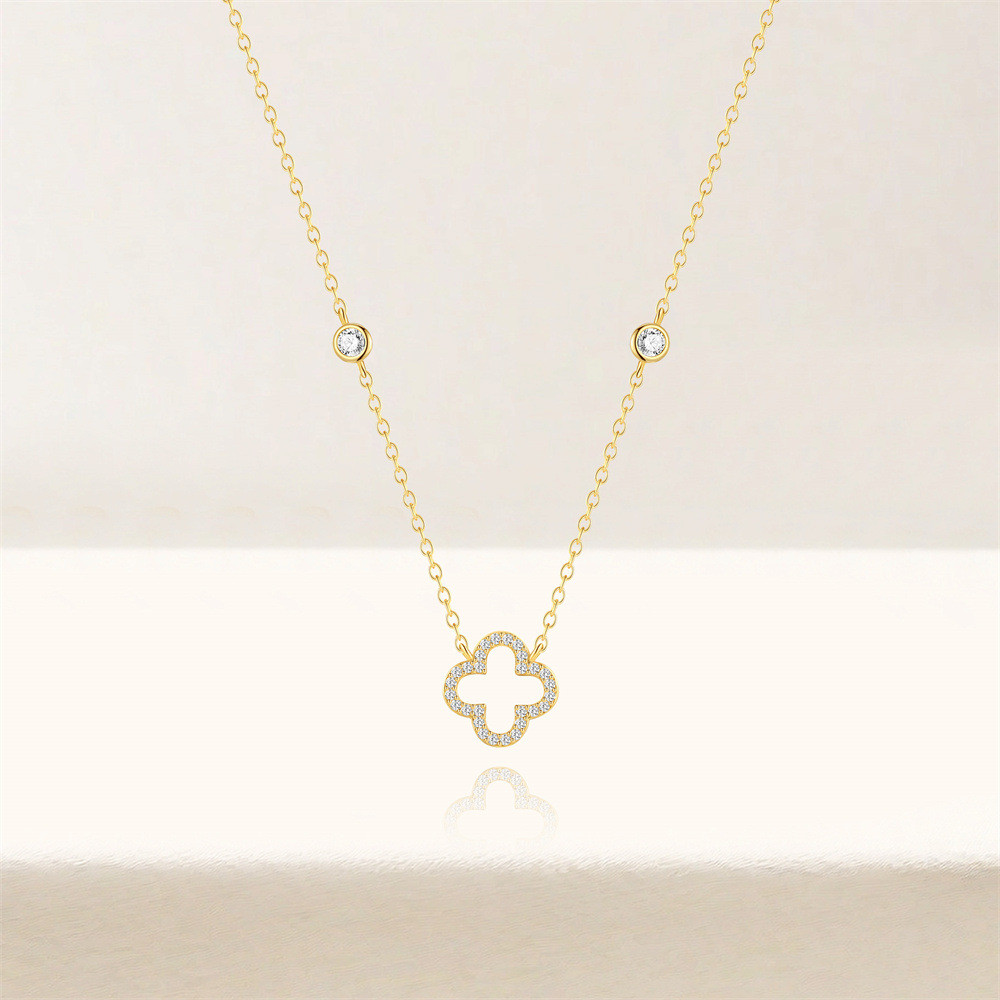 Gold Plated 925 Sterling Silver CZ Four Leaf Clover Pendant Necklace