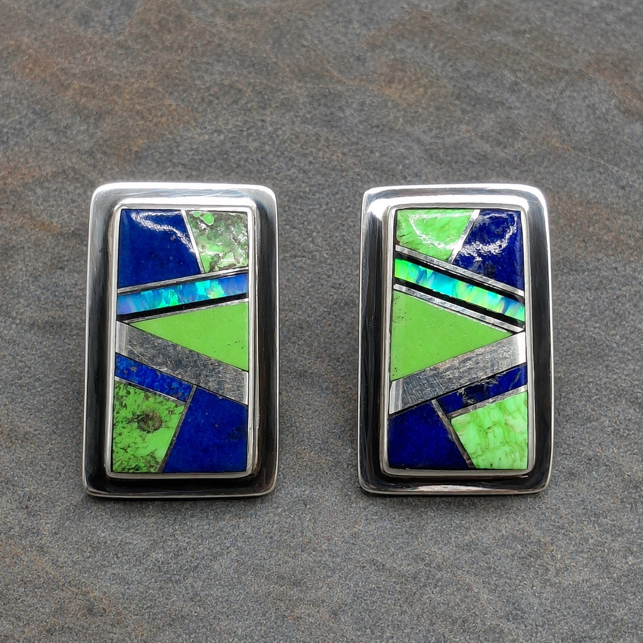 Native American Lapis Gaspeite Sterling Silver Stud Earrings Signed SF Francisco