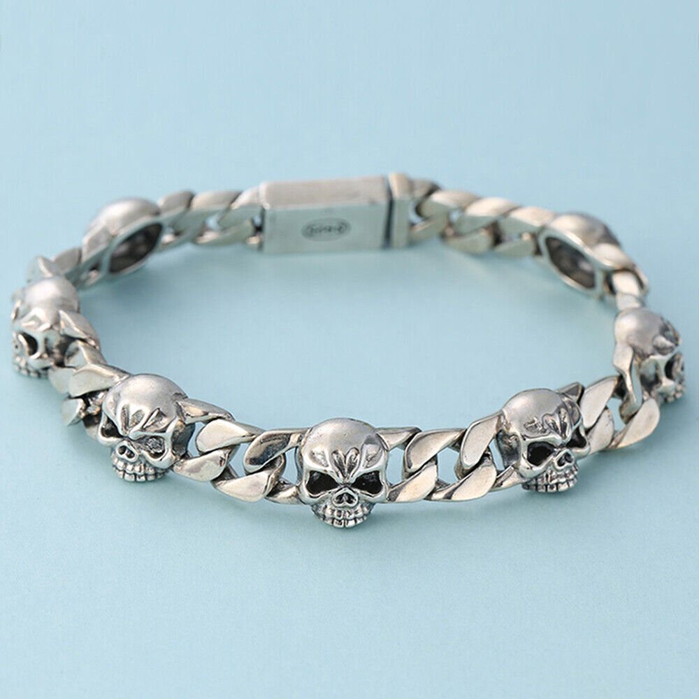 1PC SOLID 925 Sterling Silver Cuban Curb Link Skull Chain Mens Hi-Hop Bracelet