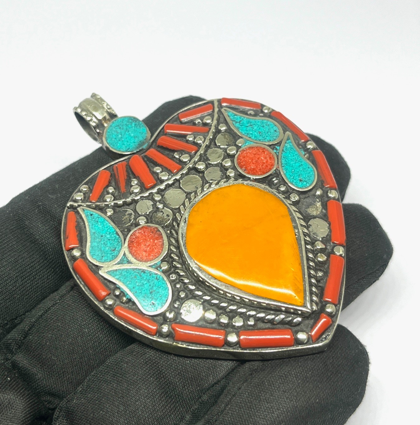 Vintage Coral Turquoise Amber Gemstone Tibetan Style Pendant Jewelry, 2.9 inch