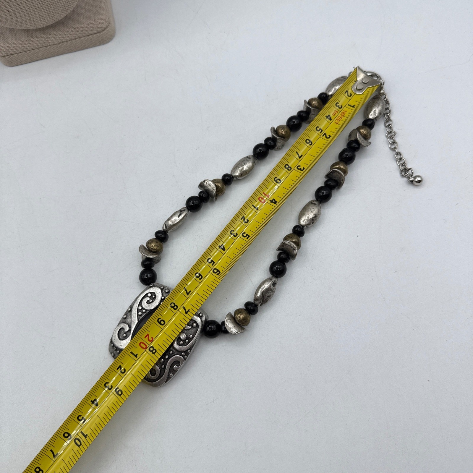 Chico’s Statement Necklace Black Silver Gold Scroll Pendant Boho Tribal Artisan