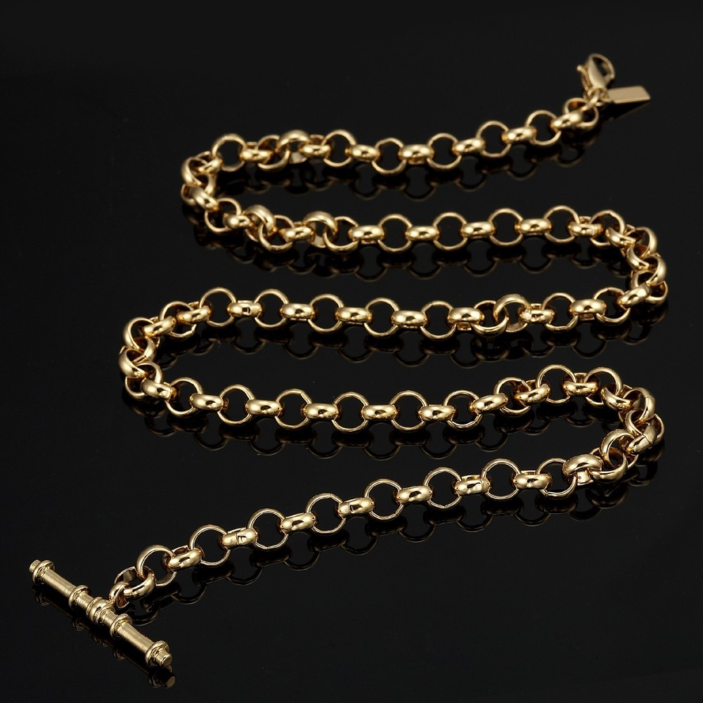 18K GL Solid Rolo Belcher Chain Yellow Gold Necklace with Antique Style T Bar