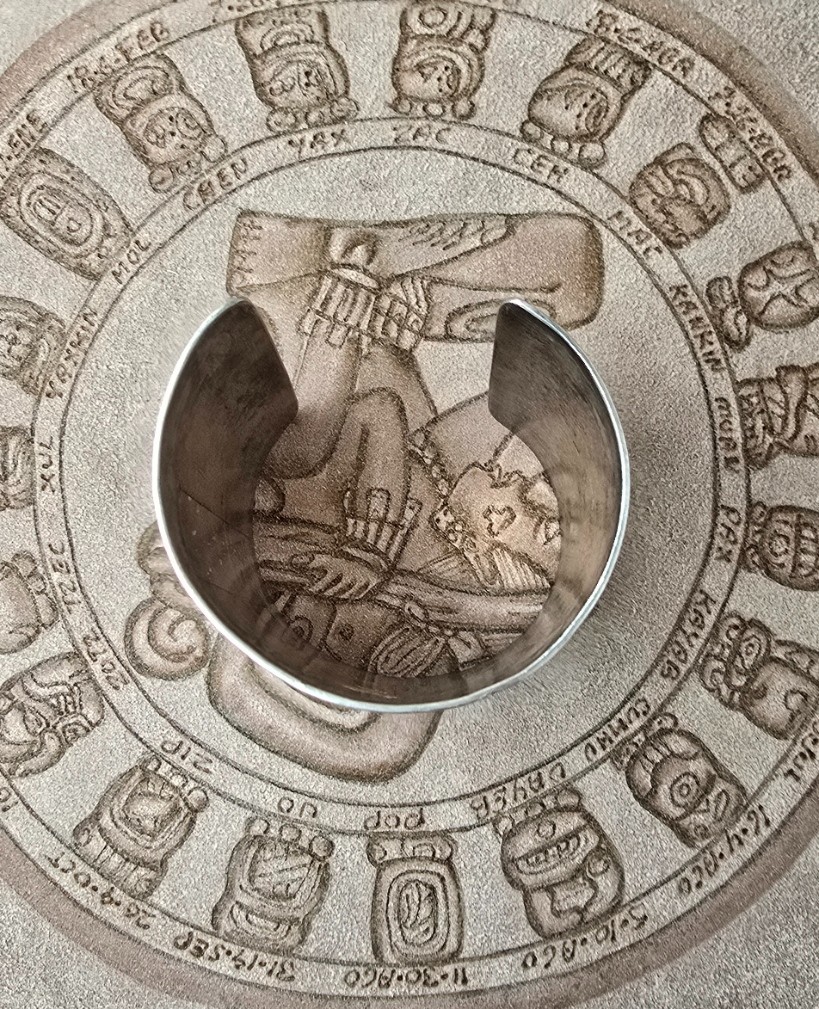 Vintage Peruvian Sterling Silver Cuff Bracelet Pre-Columbian Inca Inspired Motif
