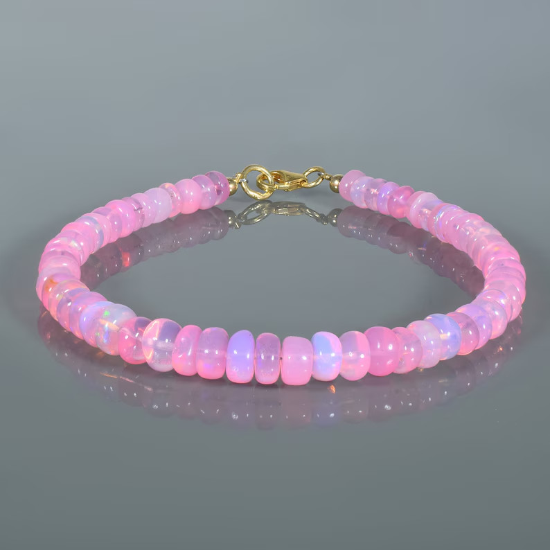 Natural Welo Fire Pink Opal 4-5mm Beaded Bracelet 925 Silver Handmade Gift