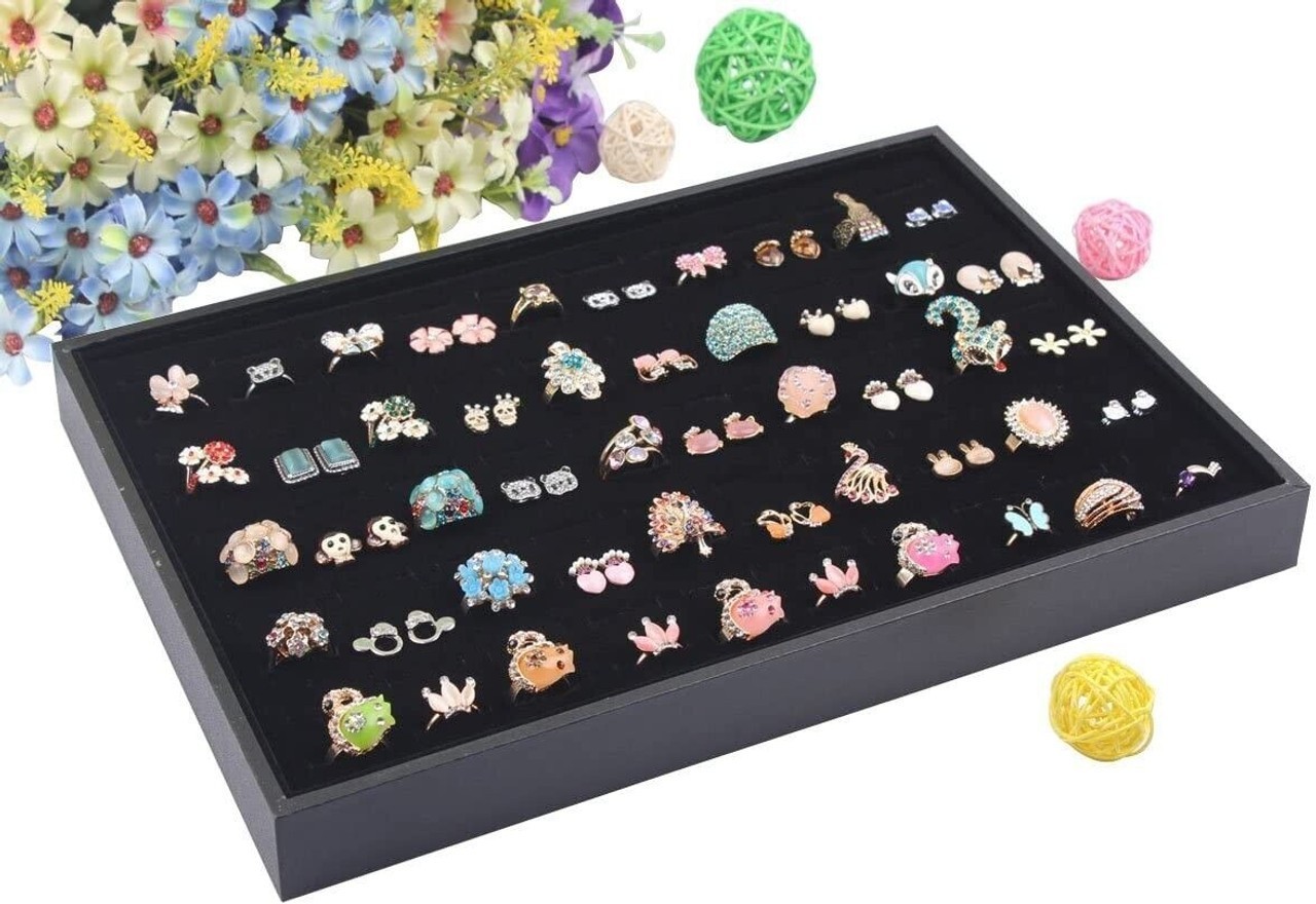 Jewelry Ring Display Organizer 100-Slots Tray Holder Earrings Black Box Case