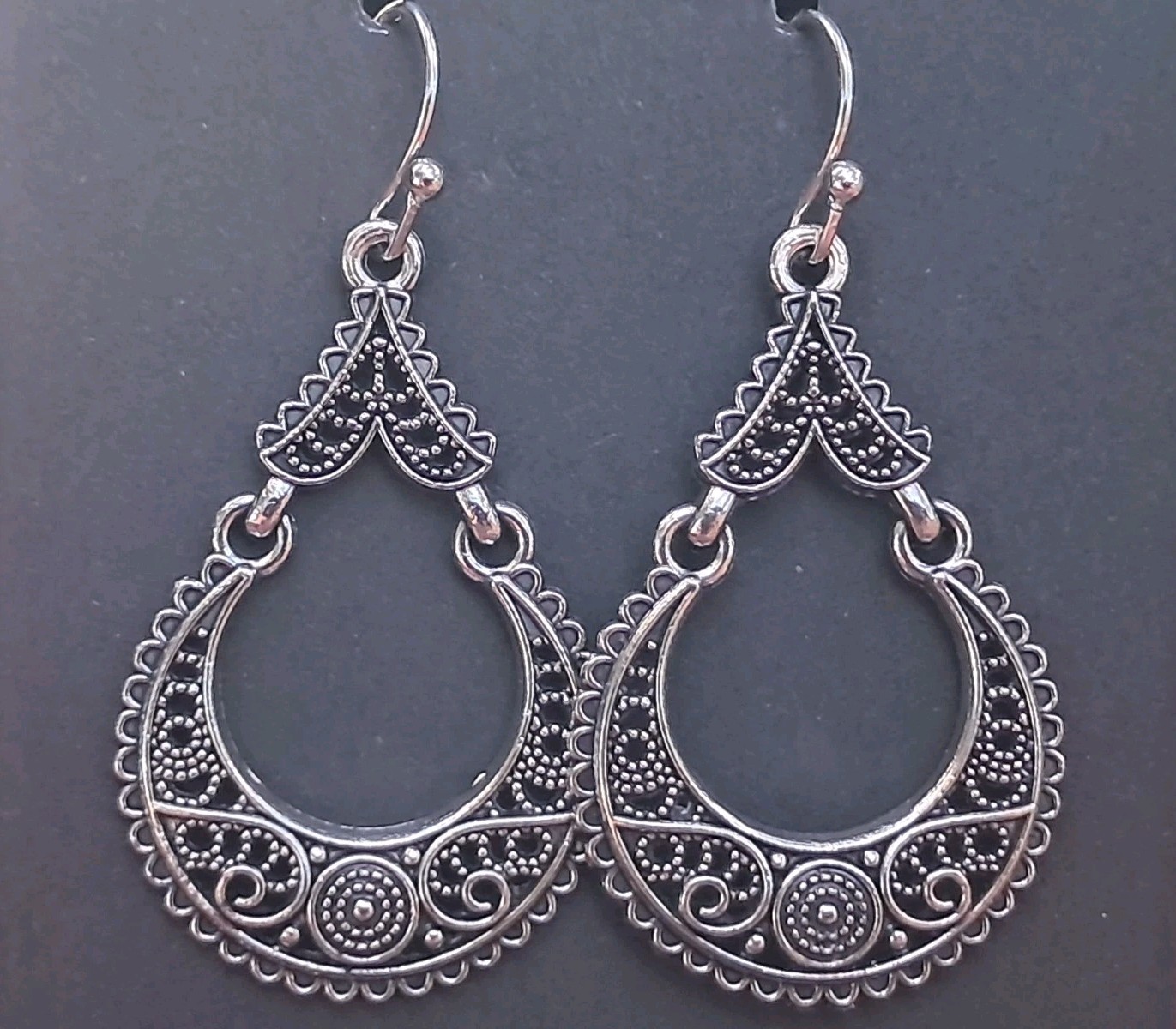Vintage Fashion Silver Boho Filigree Crescent Teardrop Dangle Earrings