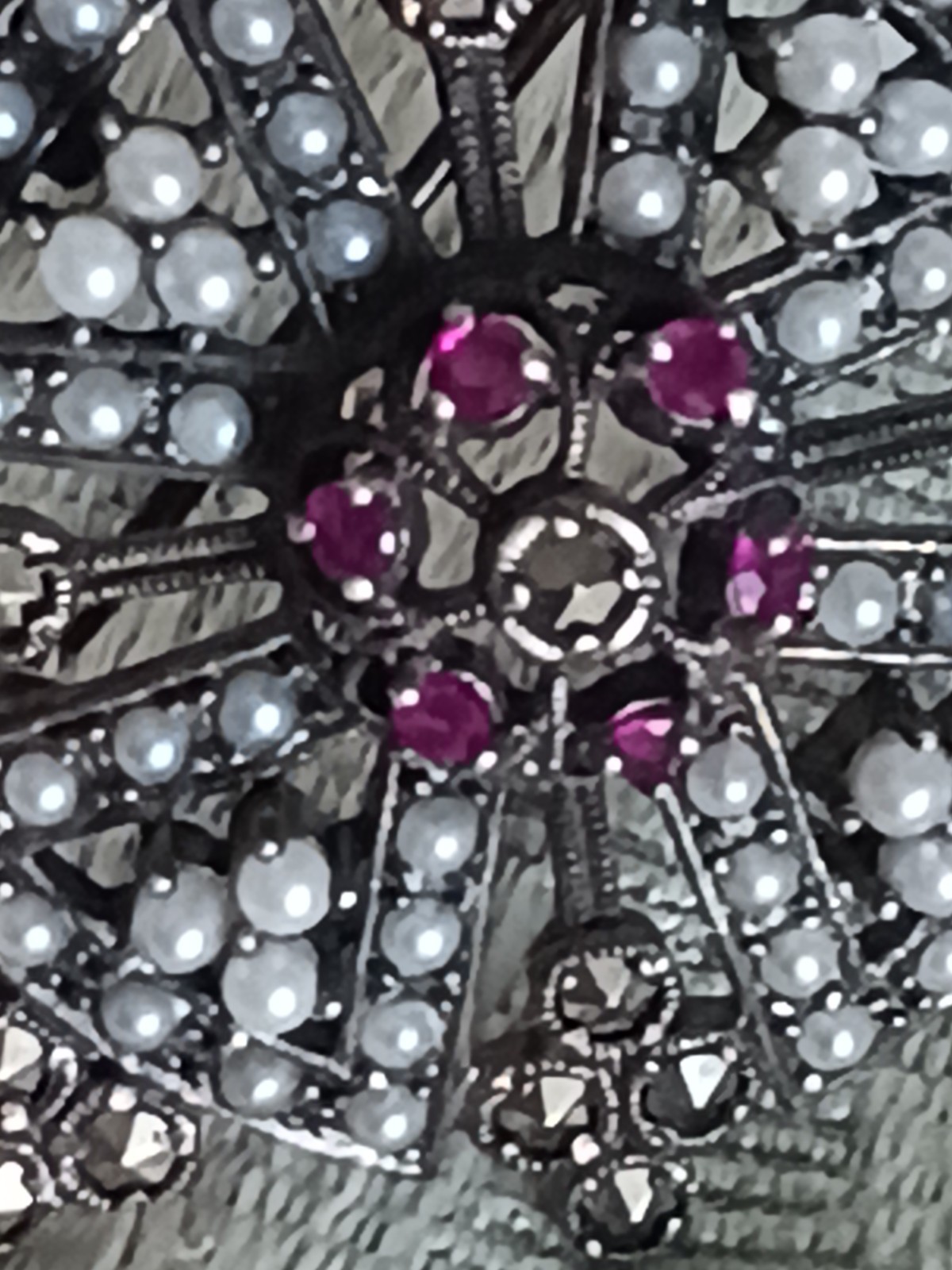 Antique Sterling Maltese Brooch Rubies, Marcasites, Seed Pearls