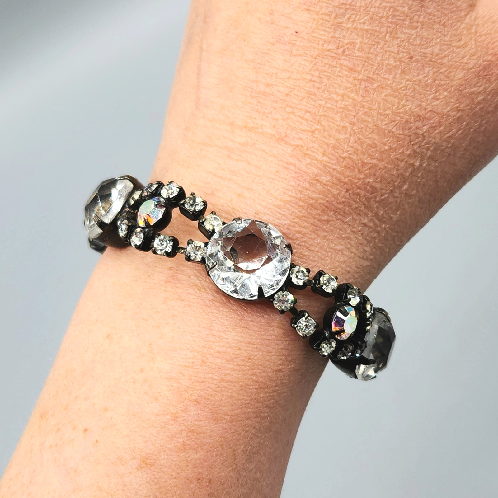 Vintage Unsigned Molded Glass and AB Chaton Rhinestone Japanned Bracelet 7”