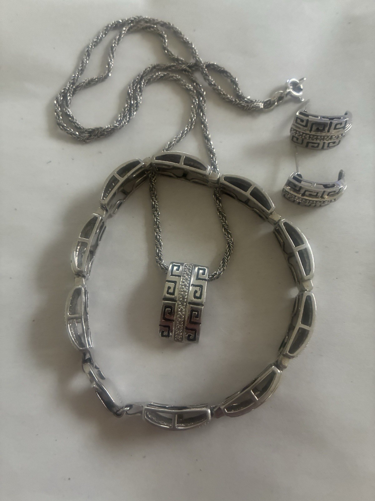 Heng Ngai HN Sterling Diamond Greek Key Design Necklace Bracelet Earring Set