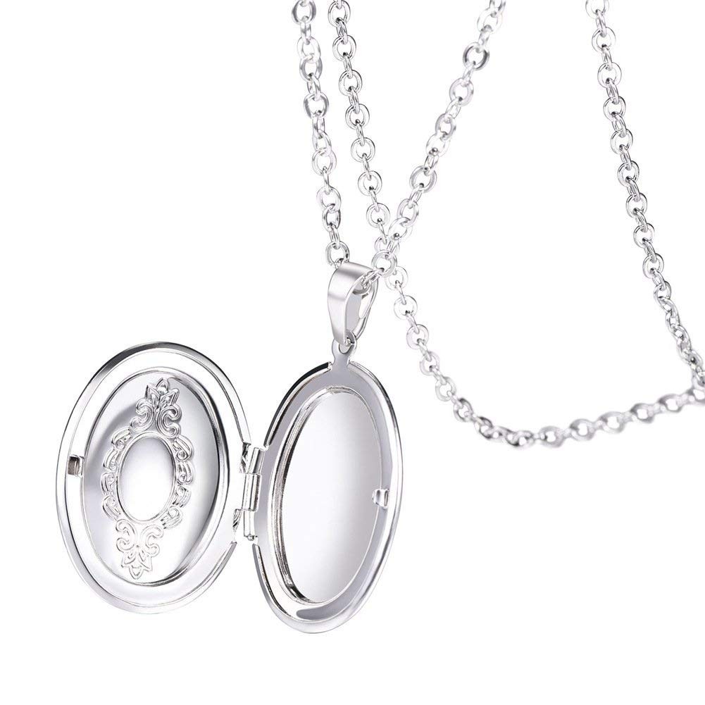 Oval Locket Pendant Necklace Platinum Plated Memorial Photo Lockets Charm Val…