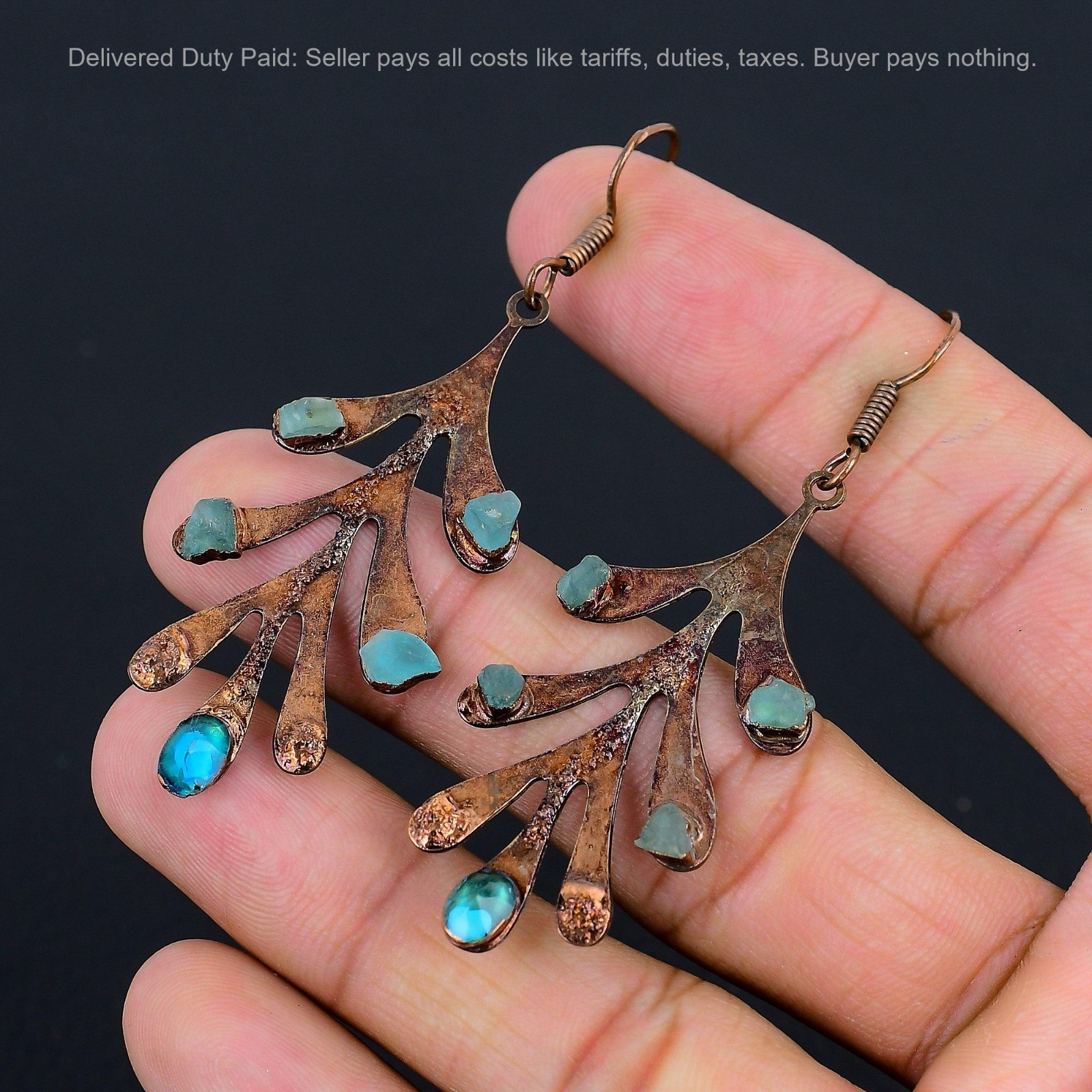 Copper Natural Neon Apatite Dangle Drop Trendy Electroformed Artisan Earrings