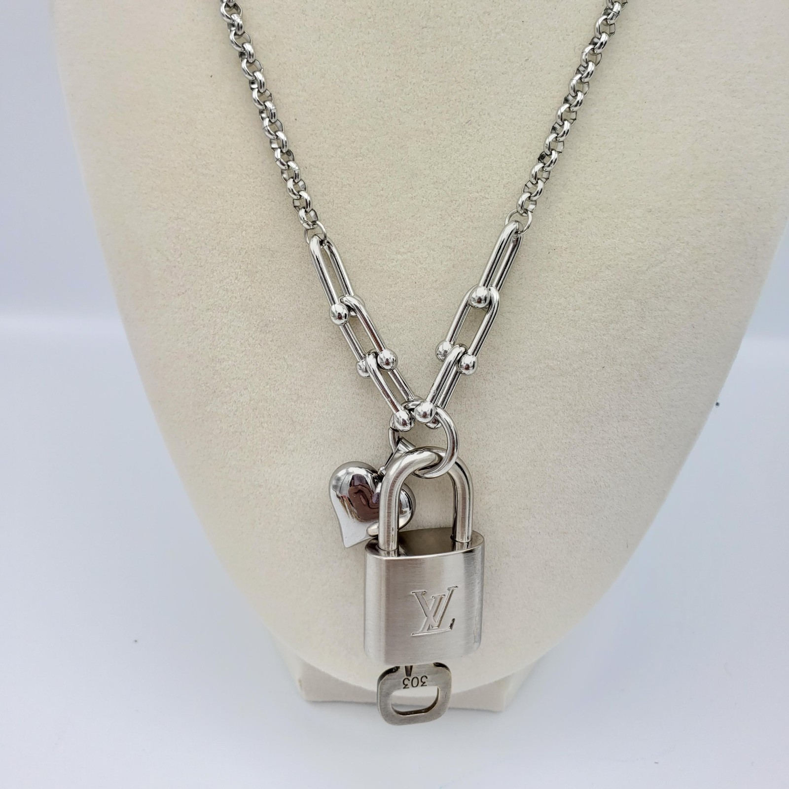 Authentic Louis Vuitton Padlock w/Unbranded Stainless Steel Plated Silver Chain