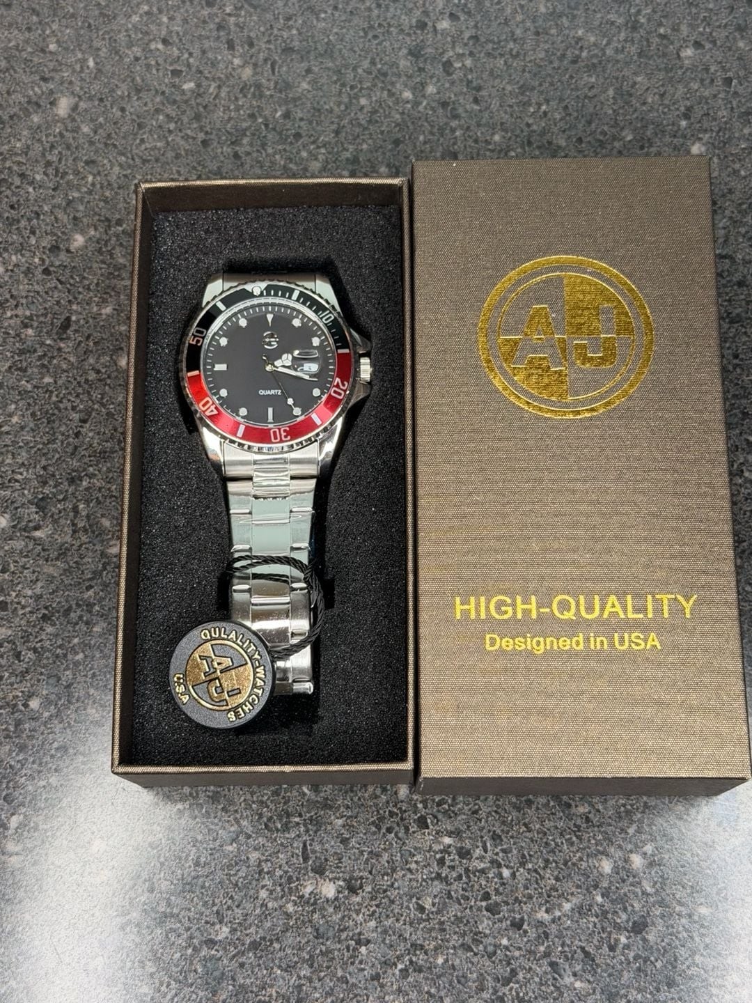 AJ Watches Quartz Diver Style Watch with Red/Black Bezel and Stainless Steel Ban