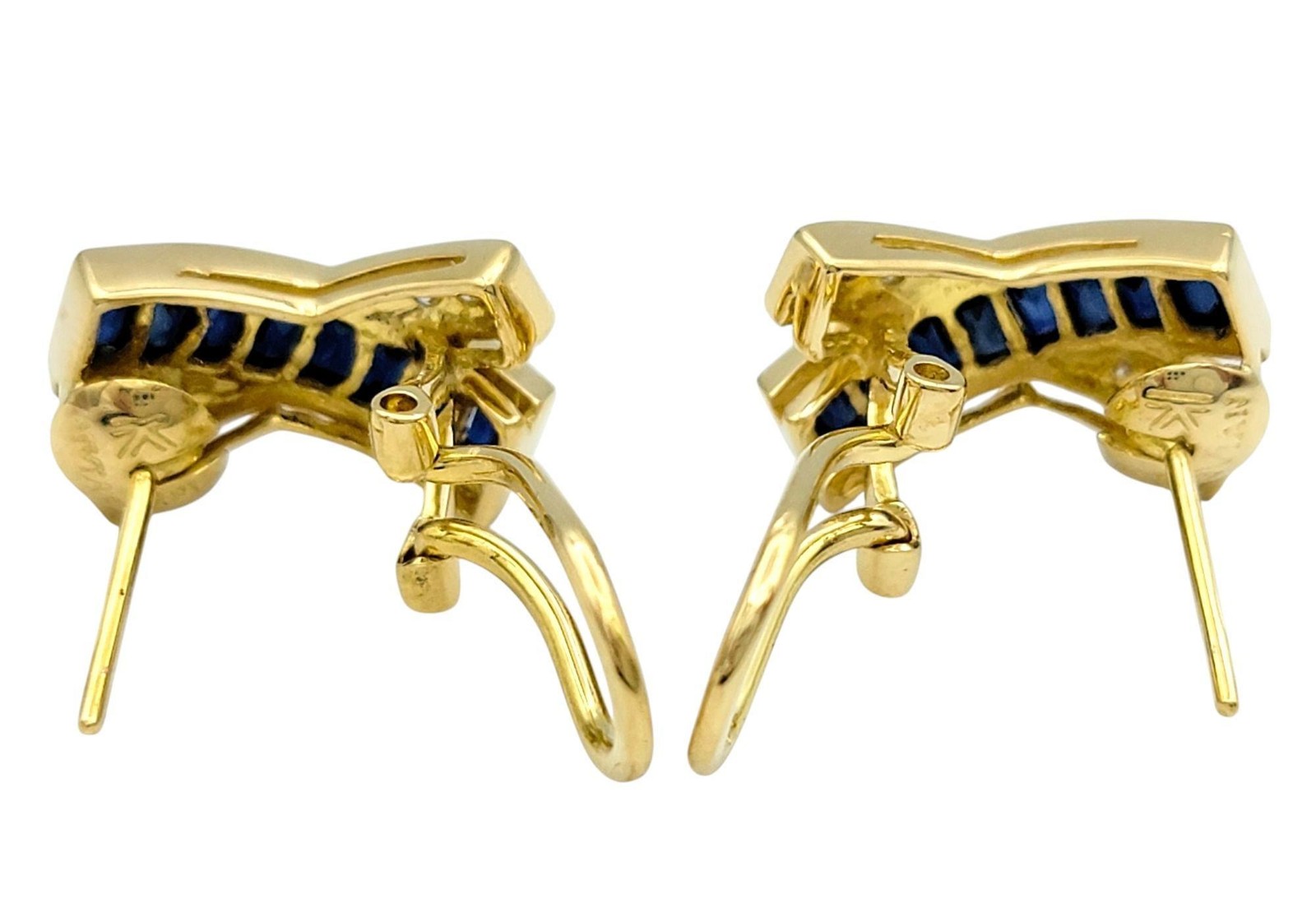 Le Vian Blue Sapphire and Diamond ‘X’ Omega Back Earrings 18 Karat Yellow Gold