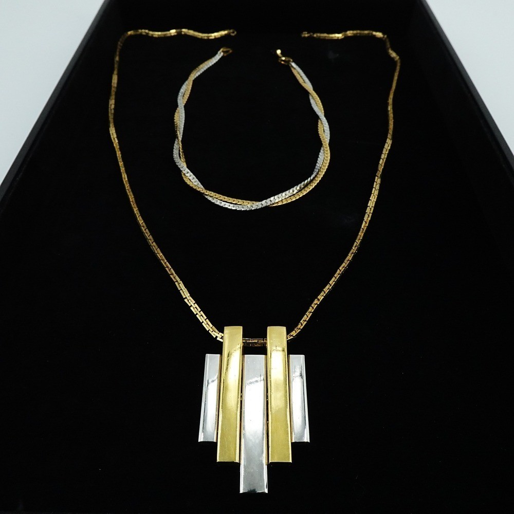 VTG 1970s Avon Two Tone Geometric Necklace and Interweave Choker Statement