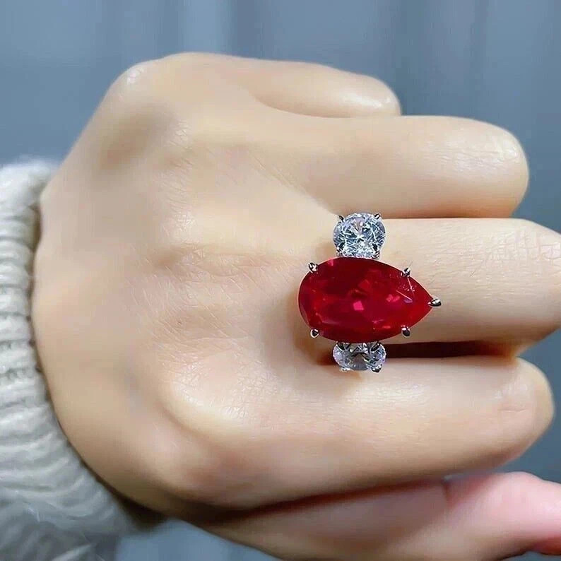 4.90 Ct Pear Cut Natural Red Ruby Diamond Proposal Ring 14K Solid White Gold 7