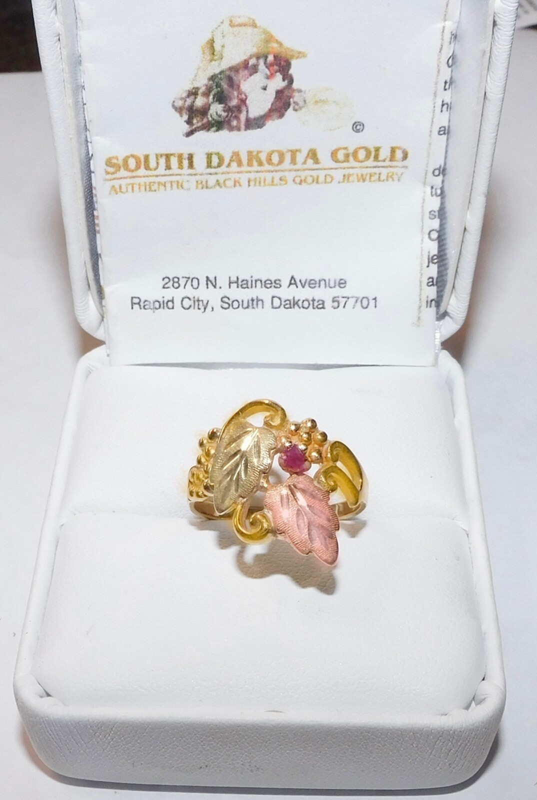 Black Hills Gold 10k 12k Ruby Accent Two Leaf Ring Size 7