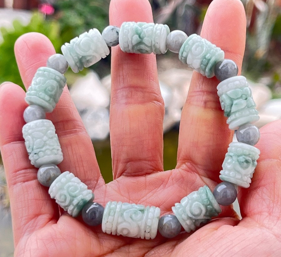 Natural Burmese Jadeite Bracelet Type A Hand-Carved Barrel Beads 184.25ct Myanma