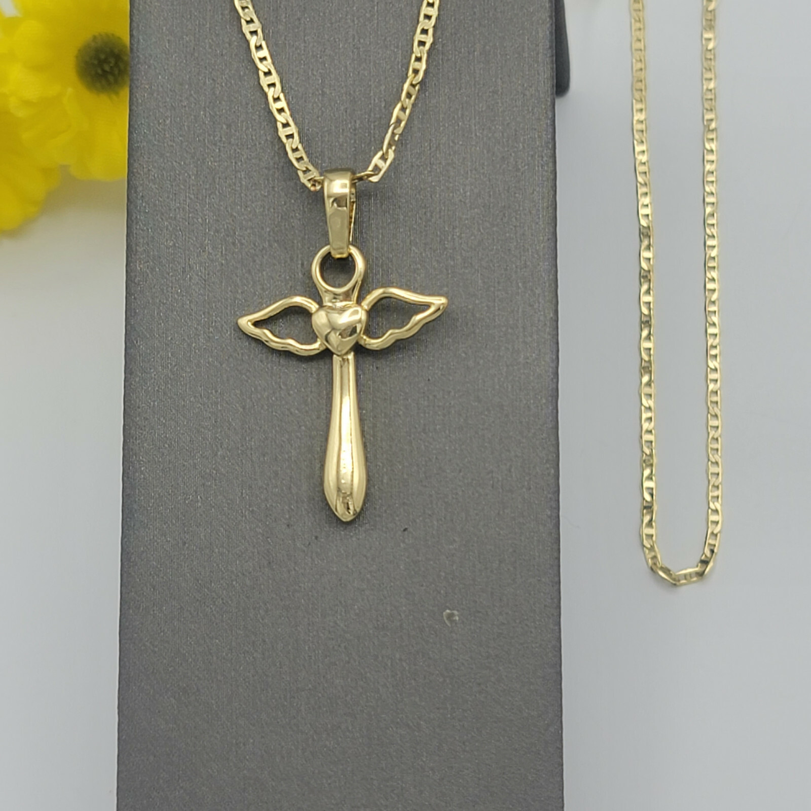14K Gold Plated Cross with Wings Heart Angel Pendant & 18in chain Jewelry