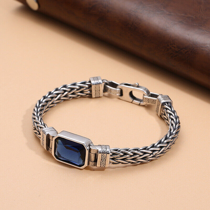 Pure S925 Sterling Silver Bracelet Women Men Blue Square Crystal Wheat Link