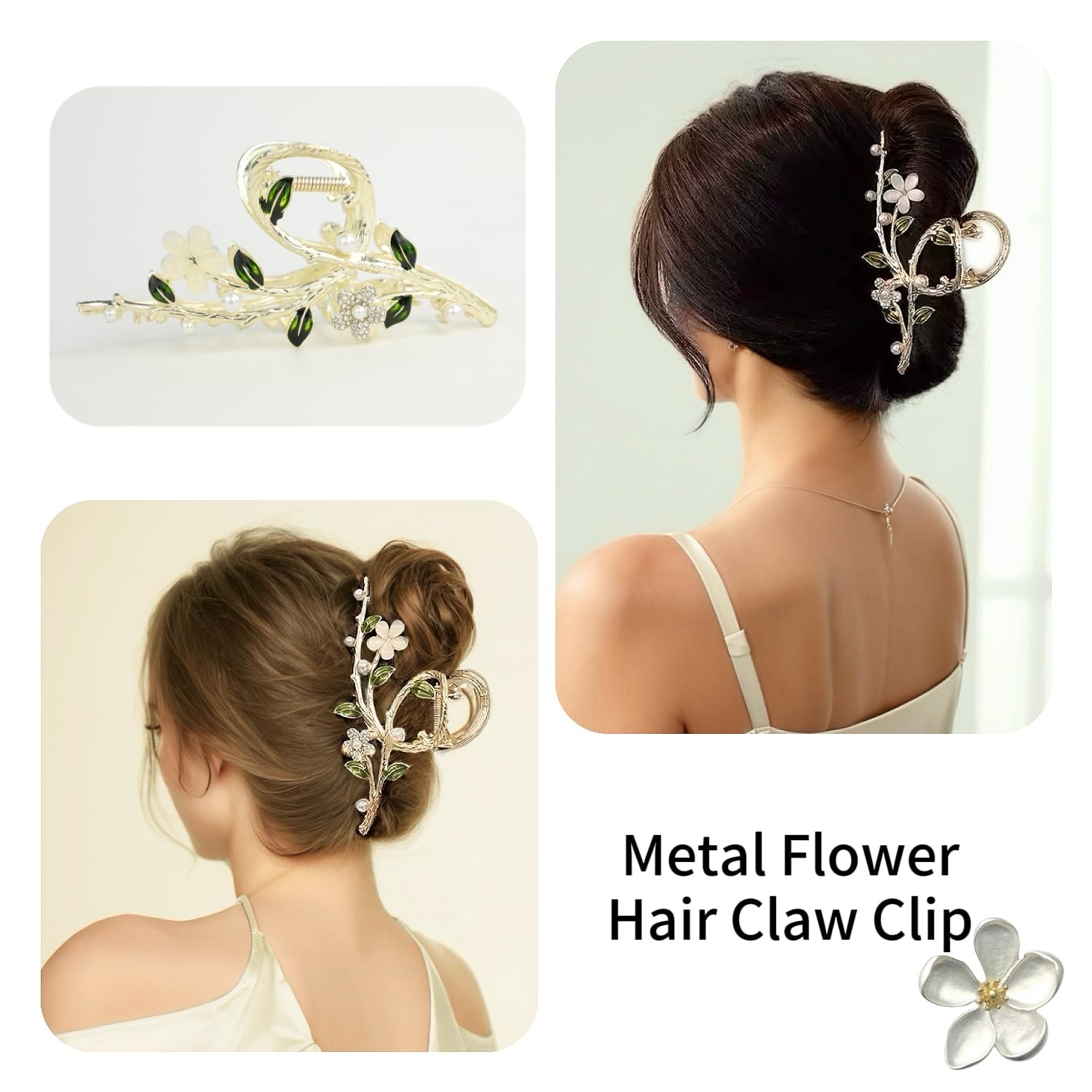 5.51” Large Metal Flower Claw Clip for Women – Cat-Eye Stones, Pearls, Rhine…