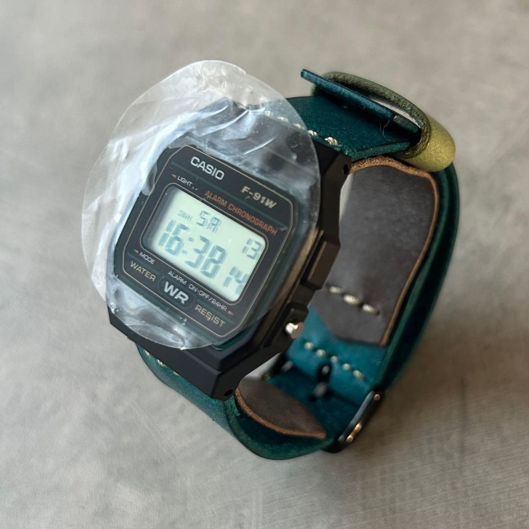 CASIO F 91W leather belt custom Marugo wax turquoise