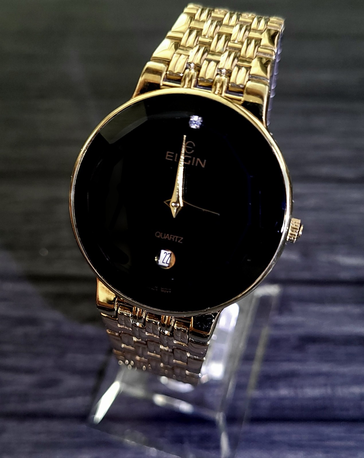 Rare Unisex Elgin Diamond Dial Faceted Crystal Dress Watch