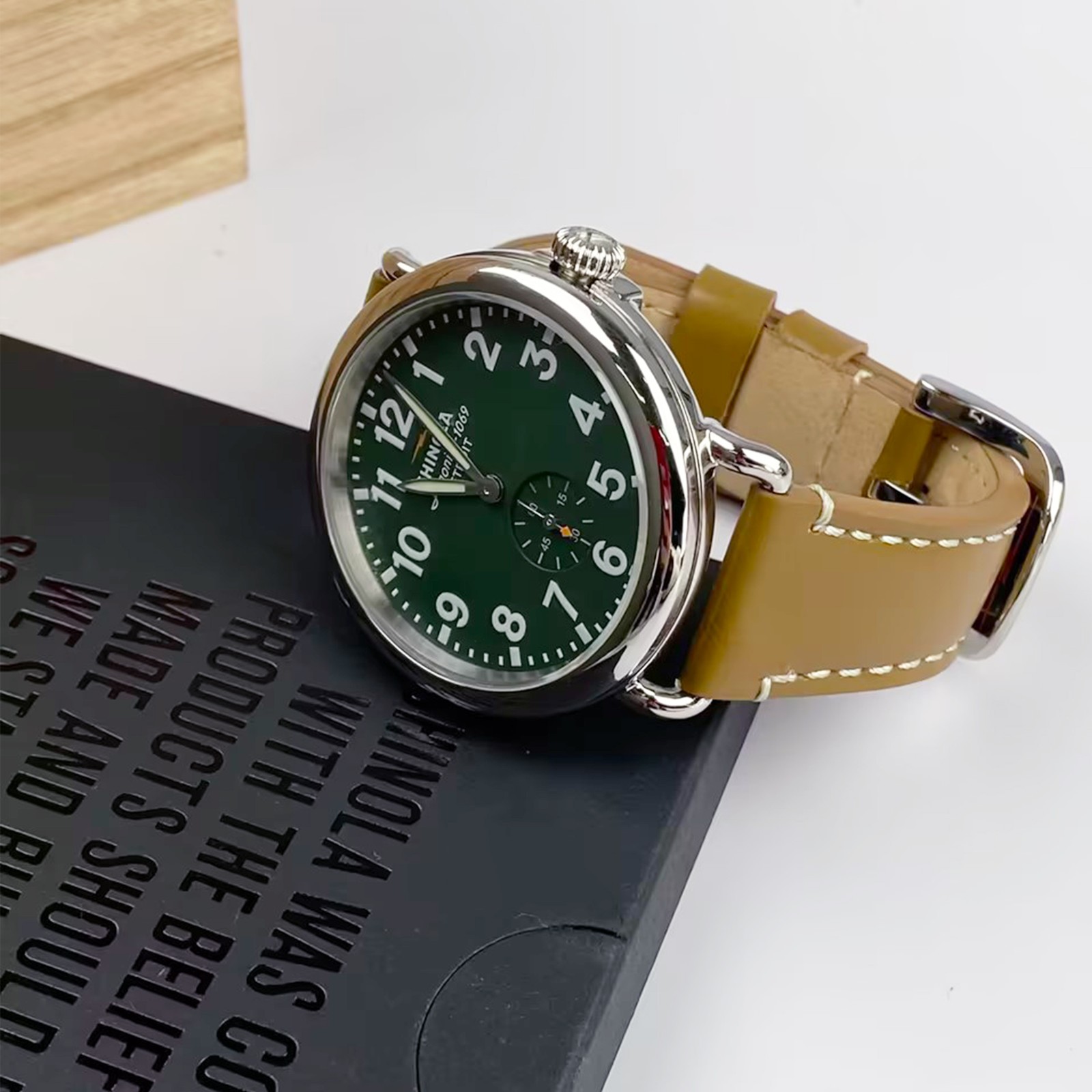 Shinola The Runwell Green Dial and Tan Leather Strap Men/Women Quartz Watch 41MM