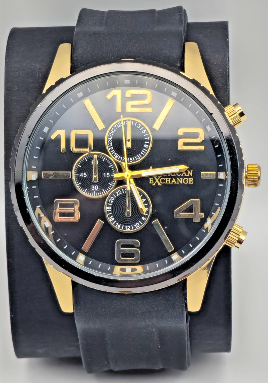 American Exchange Men’s Chronograph Watch Black Gold Silicone New Imperfection